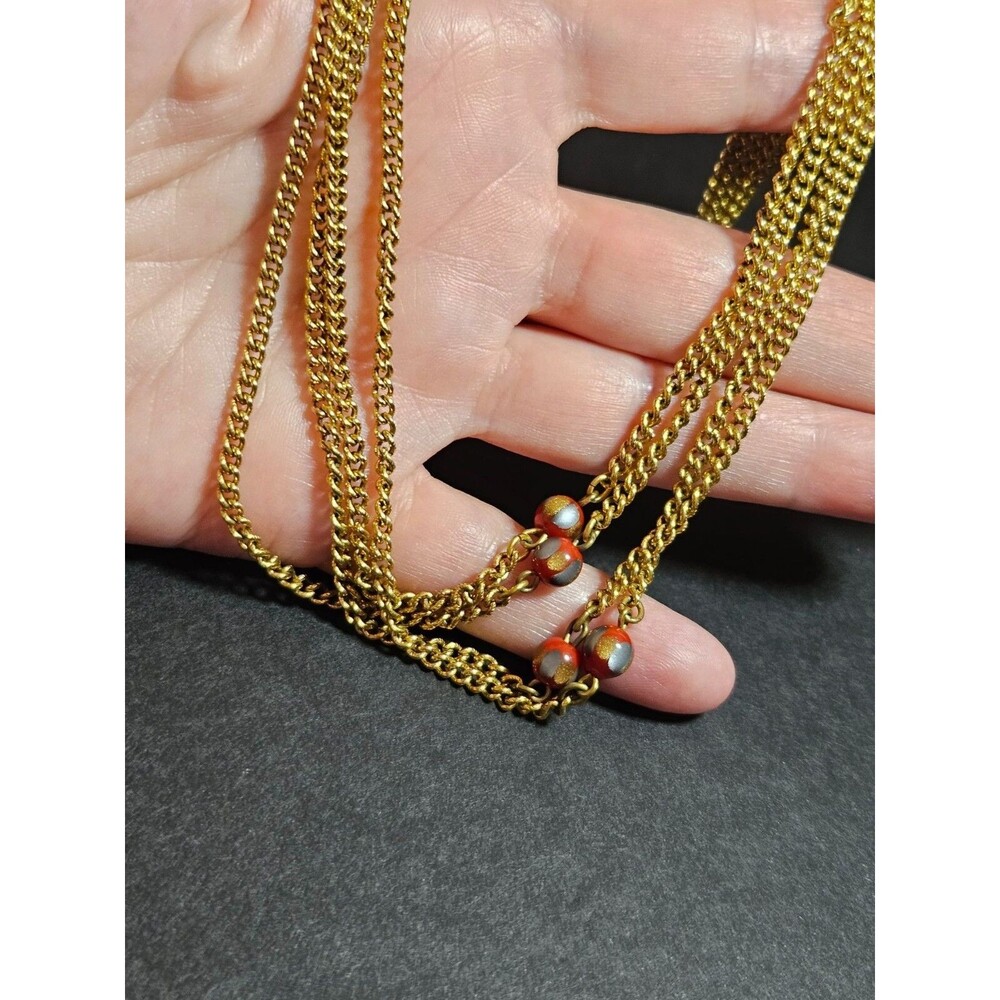 Vintage Freirich Gold Tone With Red Silver Gold Glass Bead Necklace 60"